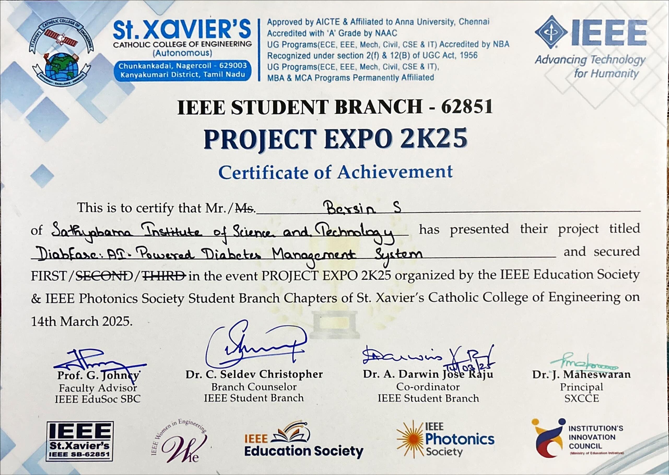 1st Place – Project Expo certificate